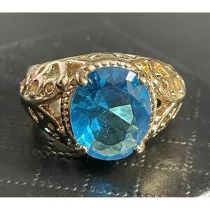 Baroque Revival Filigree Ring Size 7 Prong Set Blue Solitaire Gold Tone